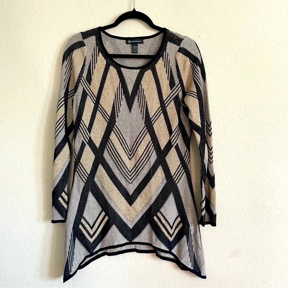 INC abstract holiday glitter sweater top size L asymmetrical hem sophisticated